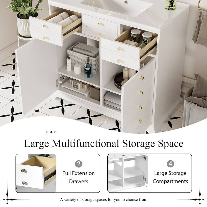 Roomfitters 36" Vanity with Ceramic Sink, Solid Wood Cabinet with 2 Drawers and Soft Closing Doors, Freestanding Design, White