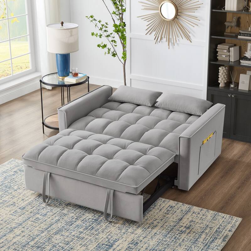 Gray 52.5" Velvet 4-in-1 Loveseat Tufted Pull-Out Sofa Bed with Adjustable Backrest