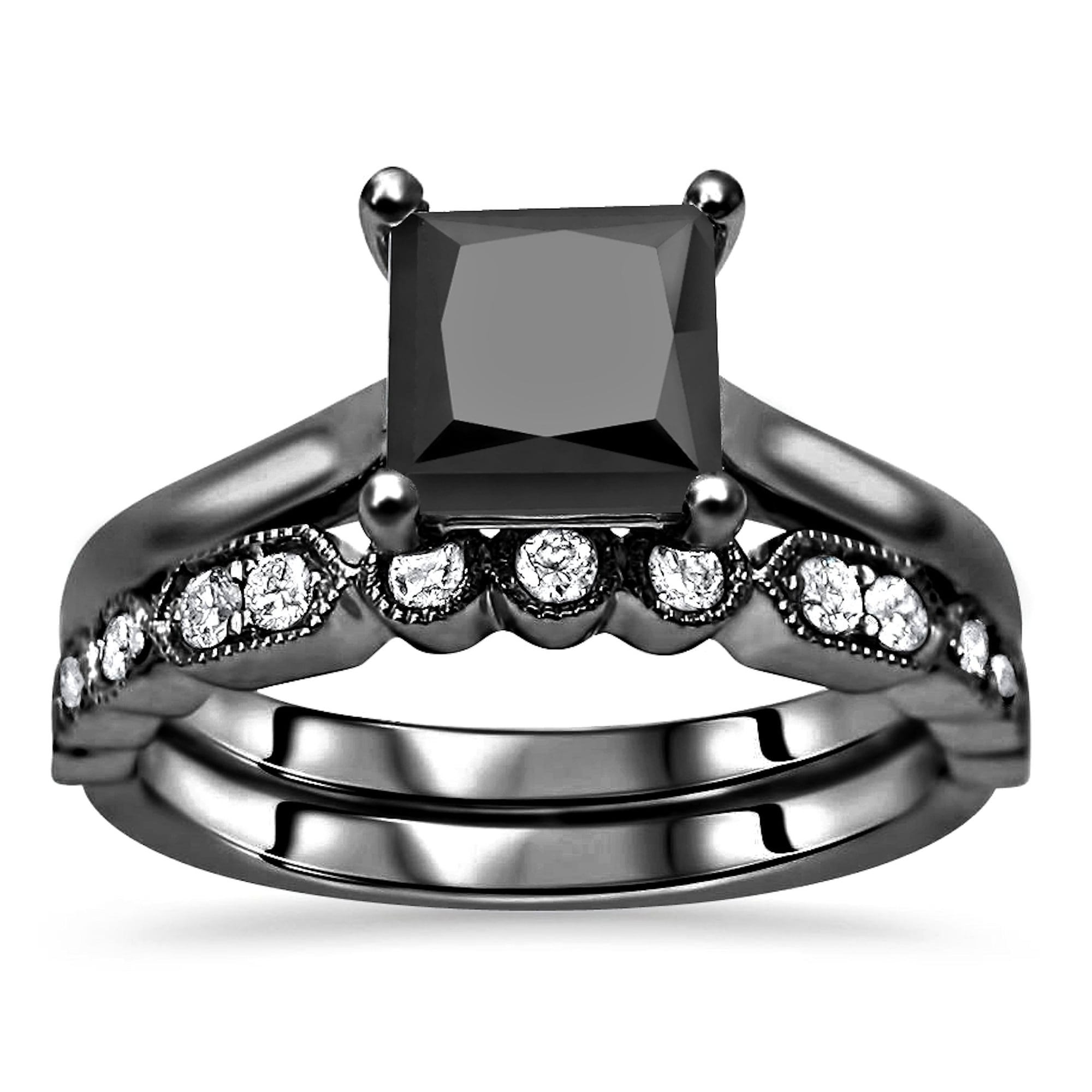Kingray Jewelry Black Onyx Princess Cut Anniversary Wedding Bridal Ring Set 