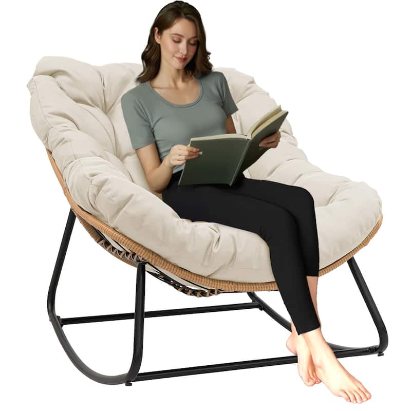 Outdoor Papasan Rocking Chair, Patio Chair Indoor Egg Royal Rattan Rocking Chair with Cushion - 33" W x 16.1" D x 29.9" H