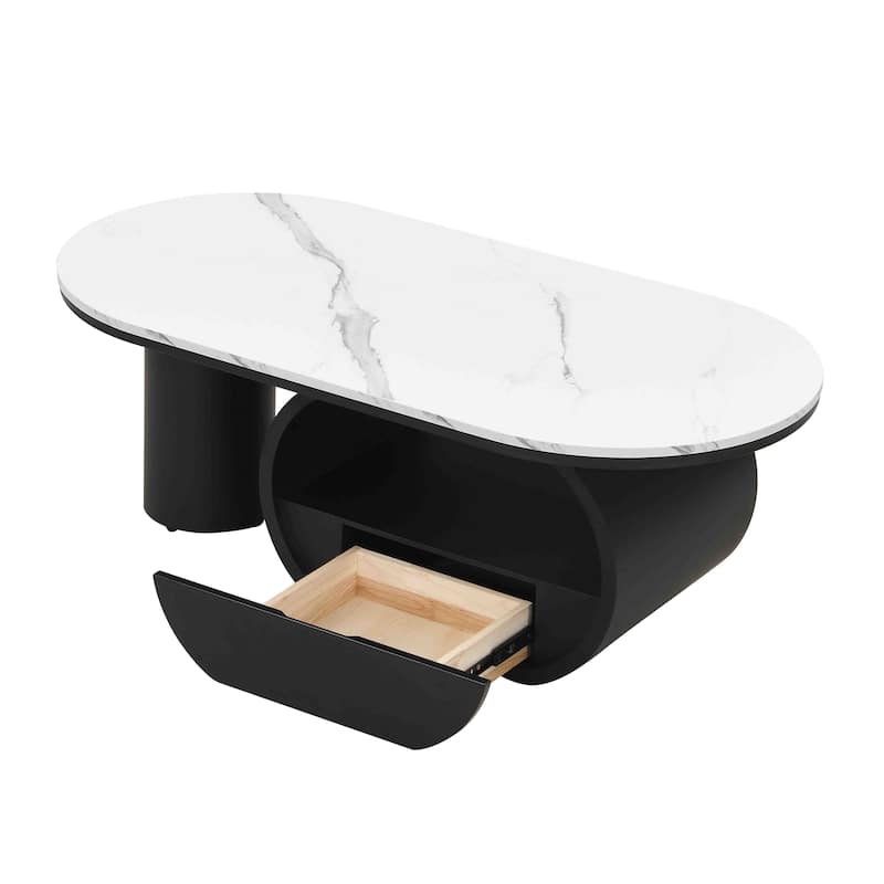 Elegant Contemporary Oval Cocktail Table with Hidden Storage, 47.24" Faux Marble Surface and Glamorous Gold-Tone Metal Base .