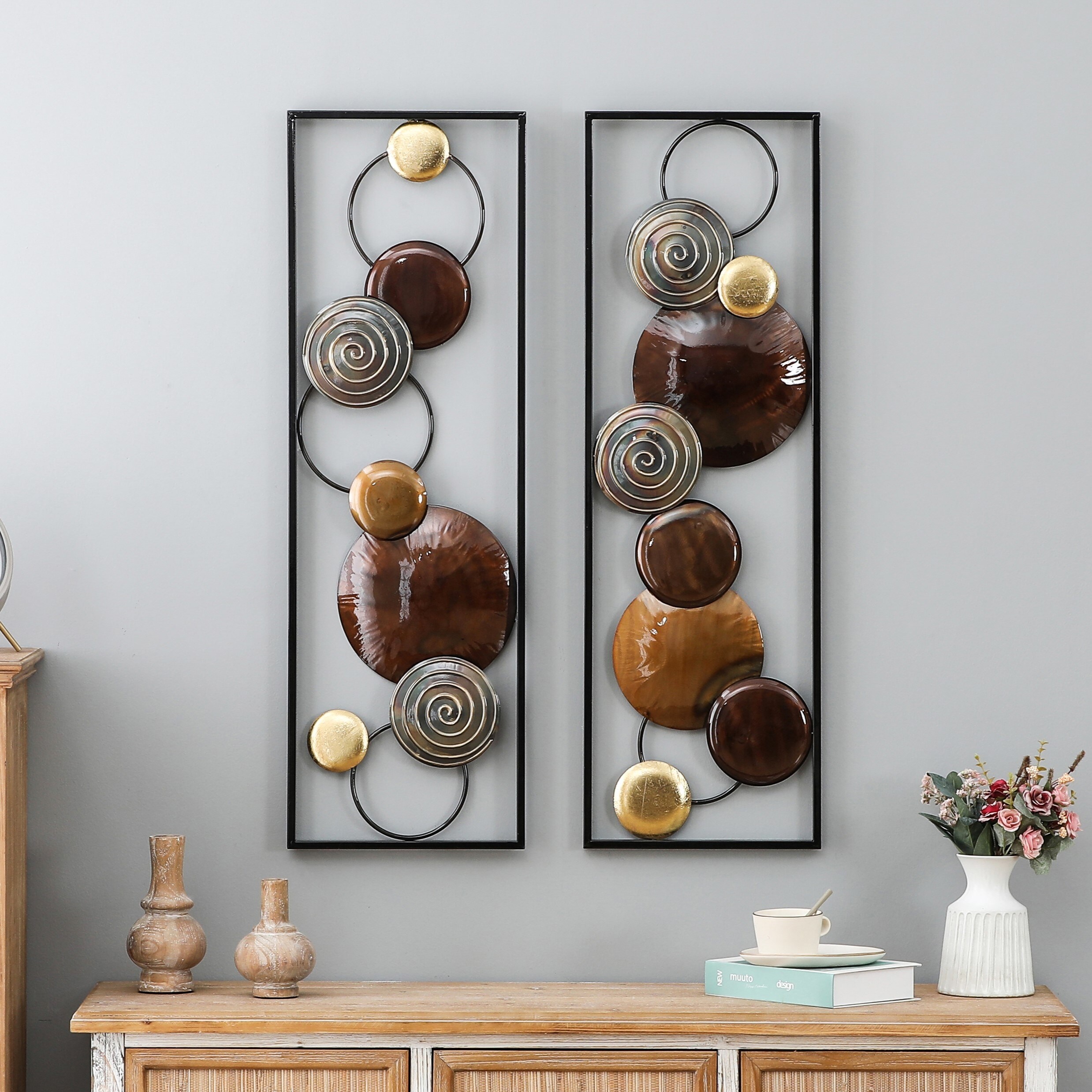 Modern Gold and Brown Metal Wall Decor Set of 2 On Sale Bed