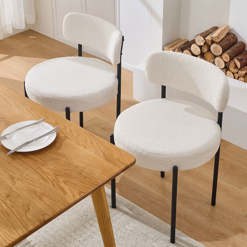 Set of 2 Modern Dining Chairs, White Boucle Upholstery with Curved Backrest Metal Legs, Mid-Century Kitchen Seating