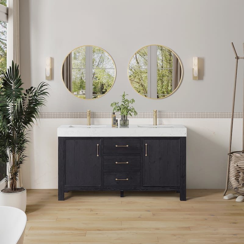 Leon 60 in. Double Bathroom Vanity with Composite Stone Top - 60 in. - Black - No Mirror