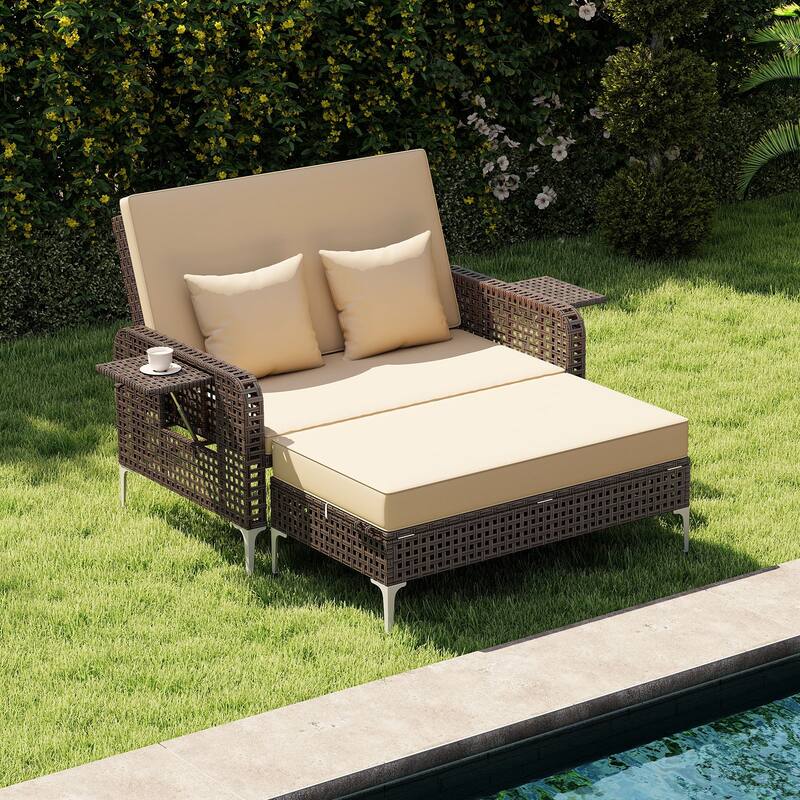 2 Piece Mix Brown Rattan Outdoor Daybed Loveseat and Ottoman Set with Adjustable Backrest - 50” x 48” x 35”