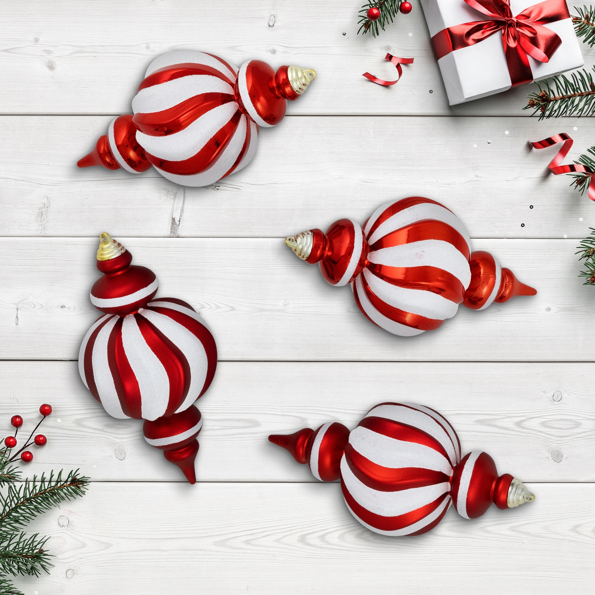 Shatterproof Size Finial Christmas Ornaments 10" Red White Set of 4