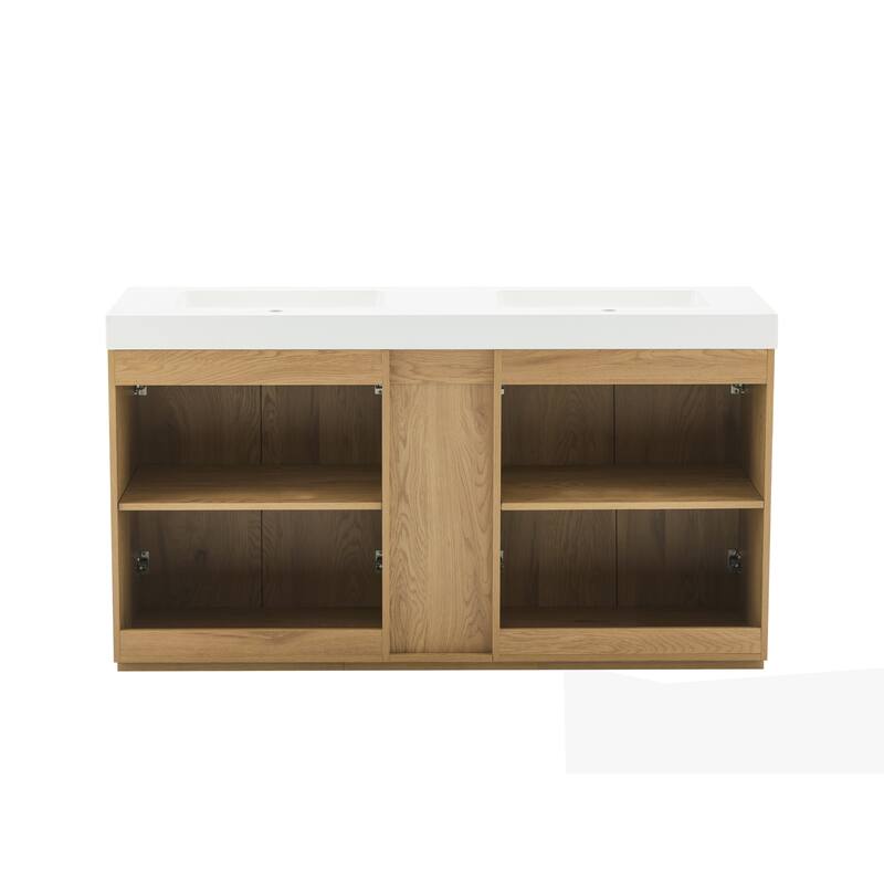 GDFStudio - Galan 60" Freestanding Bathroom Vanity with Quartz Sink, Solf Close Doors, Open Storage Shelf, NO Drain & Faucet