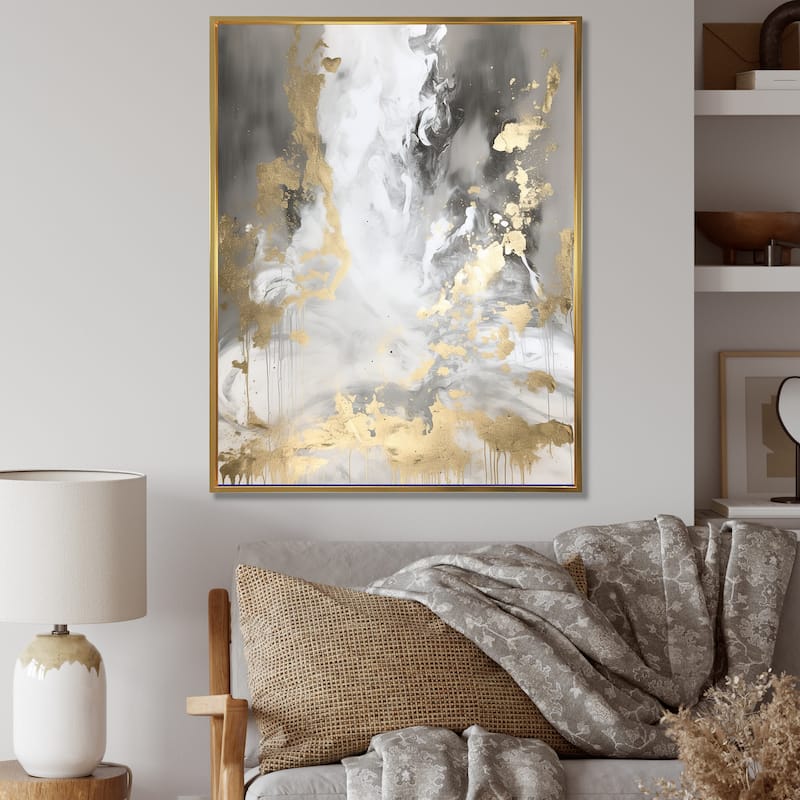 Designart "Pursuit Of Happiness I" Abstract Painting Framed Wall Art Living Room - 30 in. wide x 40 in. high - Gold