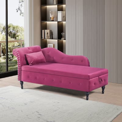 60" Velvet Multifunctional Storage Chaise Lounge Buttons Tufted Nailhead Trimmed Solid Wood Legs with 1 Pillow