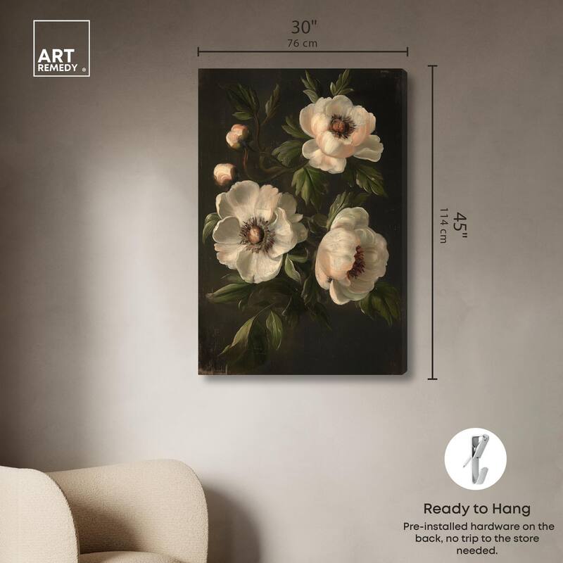 White Peonies in Dark I Canvas by Art Remedy, Gallery Wrapped