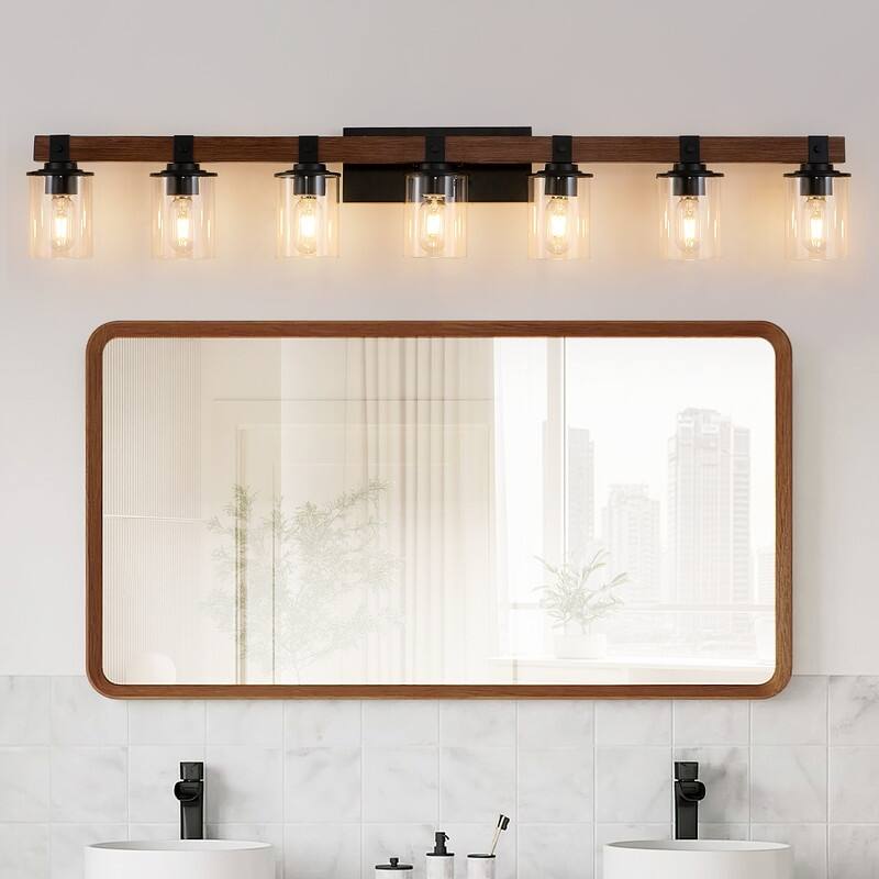 Vanity Light, Industrial Bathroom Wall Sconce with Glass Shades and Wood Accent, Modern Farmhouse Lighting Fixture (No Bulbs) - Black-7Lights