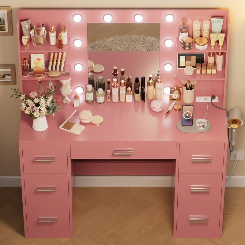 Furniwell Makeup Vanity with Mirror and Drawers Vanity Desk Set with 3 Modes Adjustable Brightness Lights and USB Power Outlet