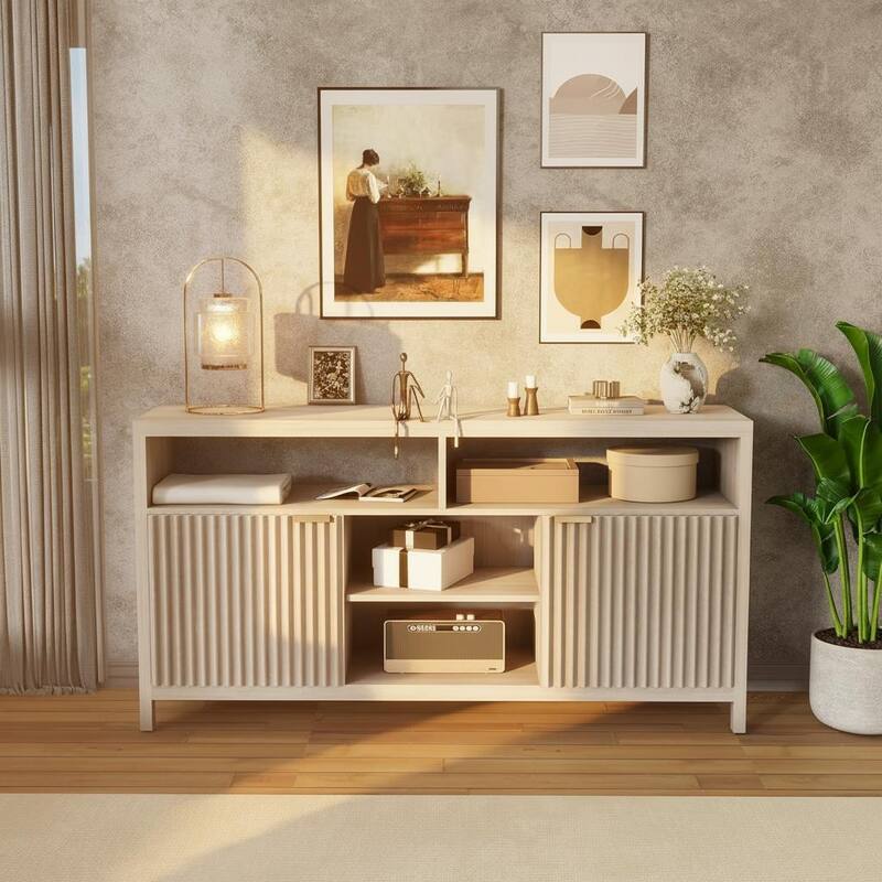 Fluted TV Stand for 65" TV, Adjustable Shelves - Oak Grey