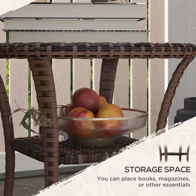Outdoor Rattan Coffee Table with Storage Shelf, Wicker Side Table with Glass Top
