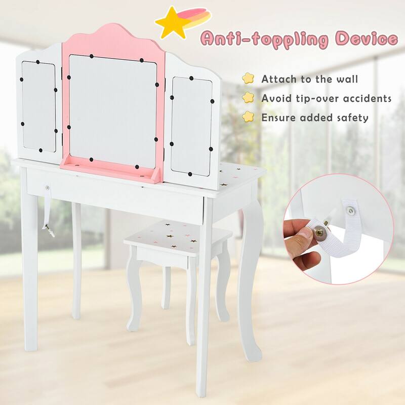 Gymax Kids Vanity Princess Makeup Dressing Table Chair Set W/ - See Details