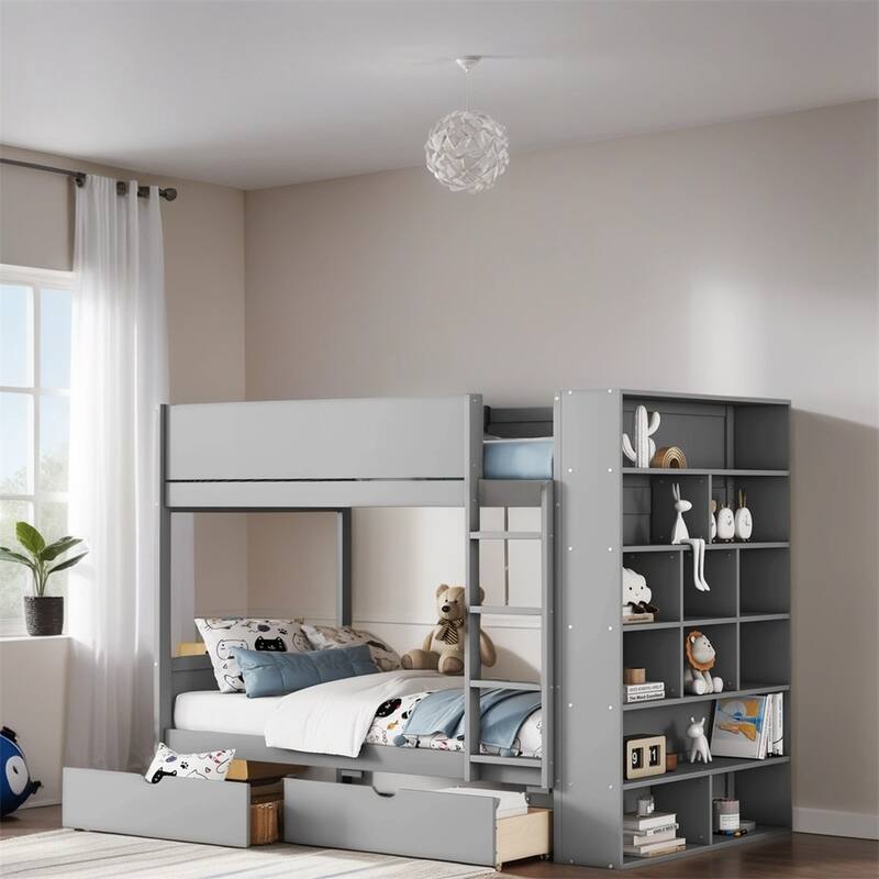 Twin Over Twin Wood Bunk Bed with 2 Drawers and Multi-layer Cabinet