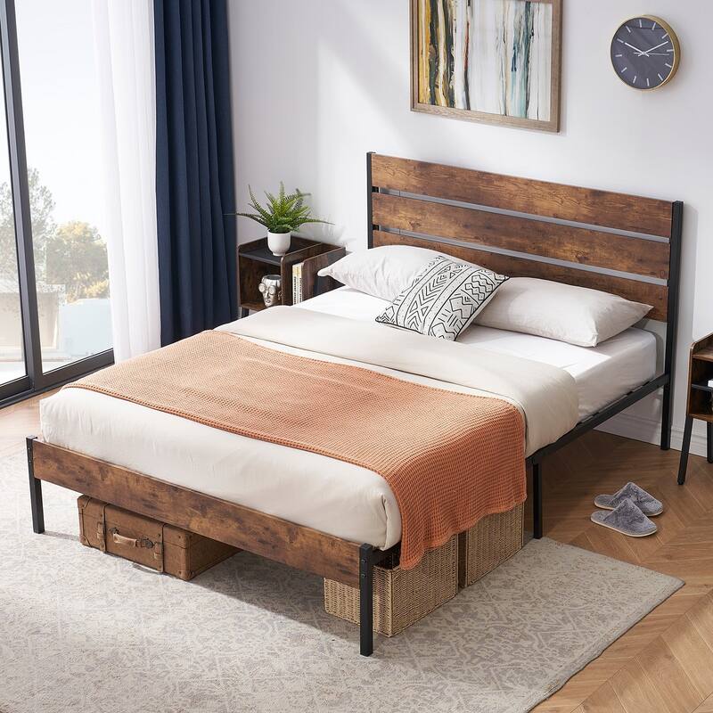 3-Pieces Bedroom Set with Rustic Brown Platform Bed Frame and Nightstands Set of 2