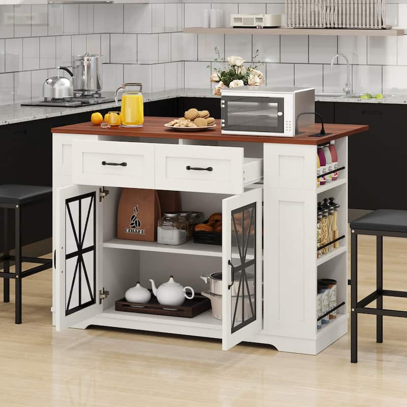 Moasis 3 PCS Kitchen Island Set with 2 Bar Stools,Moible Table with Drop Leaf & Power Outlet - Walnut&White