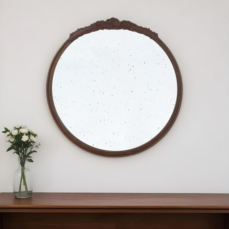 HomeRoots 30" Brown Crowned Top Antiqued Glass Framed Accent Mirror - 29.1' X '30.1' X '2 - Brown - 29.1' X '30.1' X '2