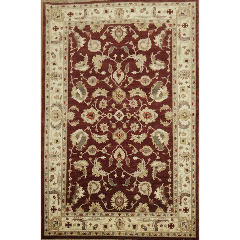 Hand Knotted Oriental 100% Wool Carpet Traditional All-Over Red Peshawar Area Rug - 9' 1'' X 6' 0''