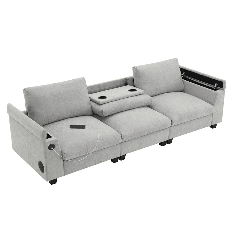 96*35'' Chenille Sectional Sofa with Bluetooth Speaker, Drop Down Table & More