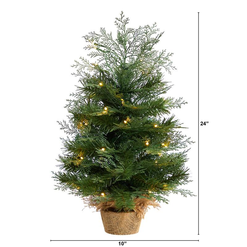 Pre-Lit Mini Artificial Christmas Tree with Burlap Base - 2' - Warm White LED Lights - 2 Foot