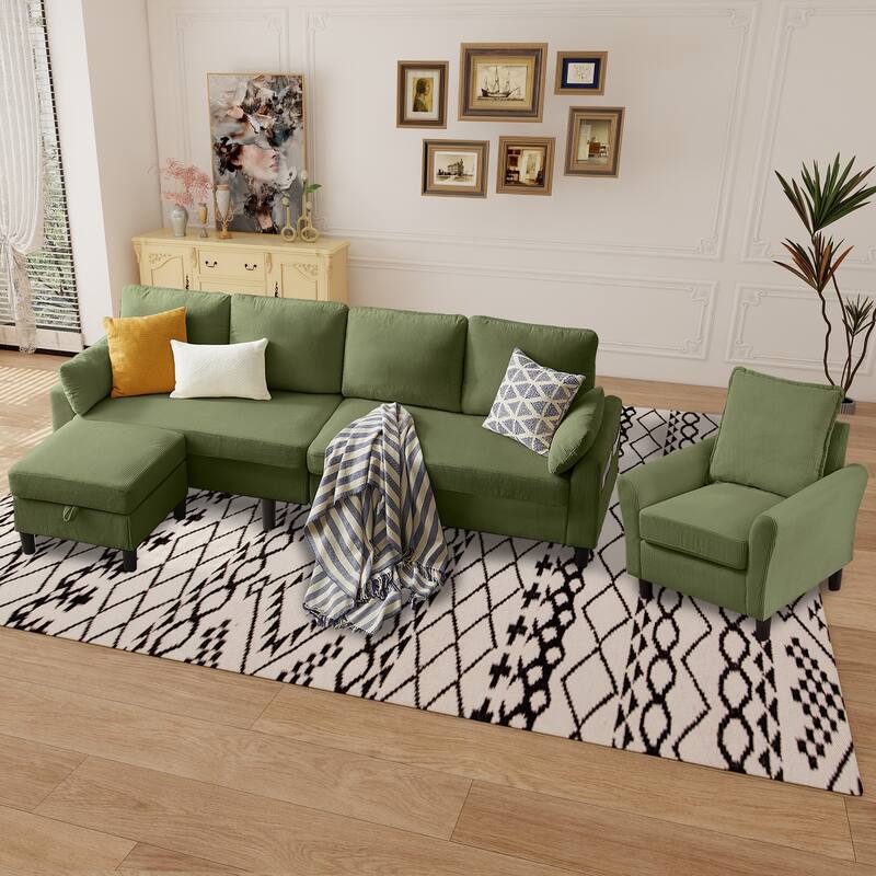 101"Corduroy 3 Piece Living Room Set Including 4 Seater Sofa ,Storage Ottoman and Chair