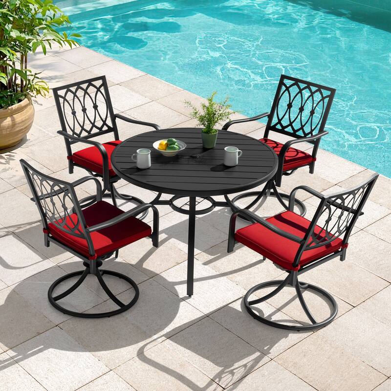 5-Piece Metal Outdoor Dining Set with Umbrella Hole and 4 Swivel Chairs - Oval Motif Backrest