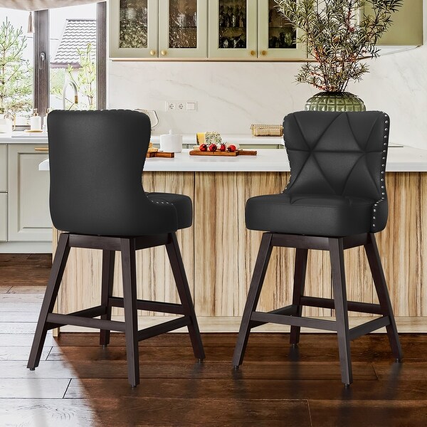 LUE BONA 26 in. Mid Century Modern Faux Leather ans Linen Upholstered Swivel Bar Stools with Wood Frame Set of 2 On Sale Bed Bath Beyond 39224692