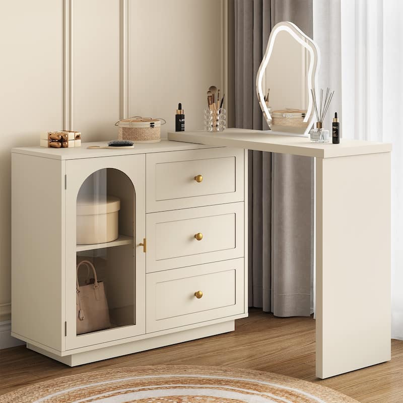 Extendable Makeup Vanity Desk with 3 Drawers & 1 Door