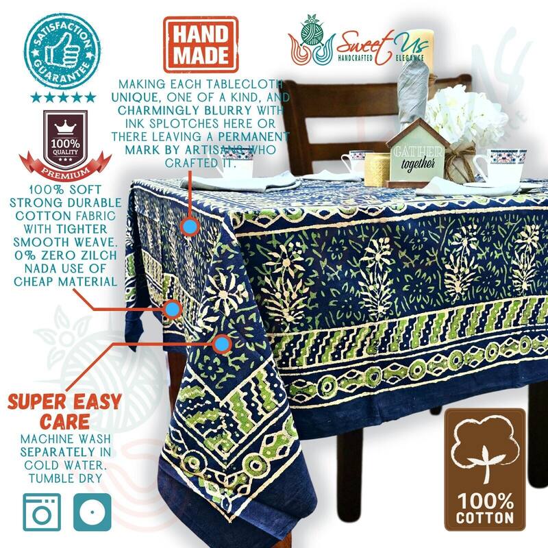 Dabu Floral Hand Block Print Cotton Tablecloth Rectangle Collection