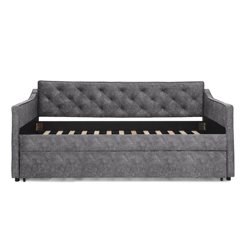 Roomfitters Twin Daybed with Pop-Up Trundle, Upholstered Sofa Bed Frame with USB Charging, Grey