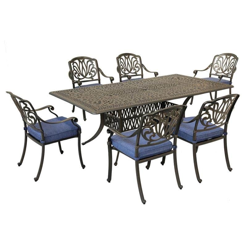 Saratoga 7-piece Gun Metal Aluminum Rectangle Dining Set with 6 Cushioned Arm Dining Chairs