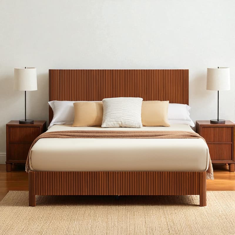 Queen Size Wooden Bed Frame with Corrugated Curved Headboard, Heavy-Duty Metal Support, No Box Spring Needed - Walnut - Queen