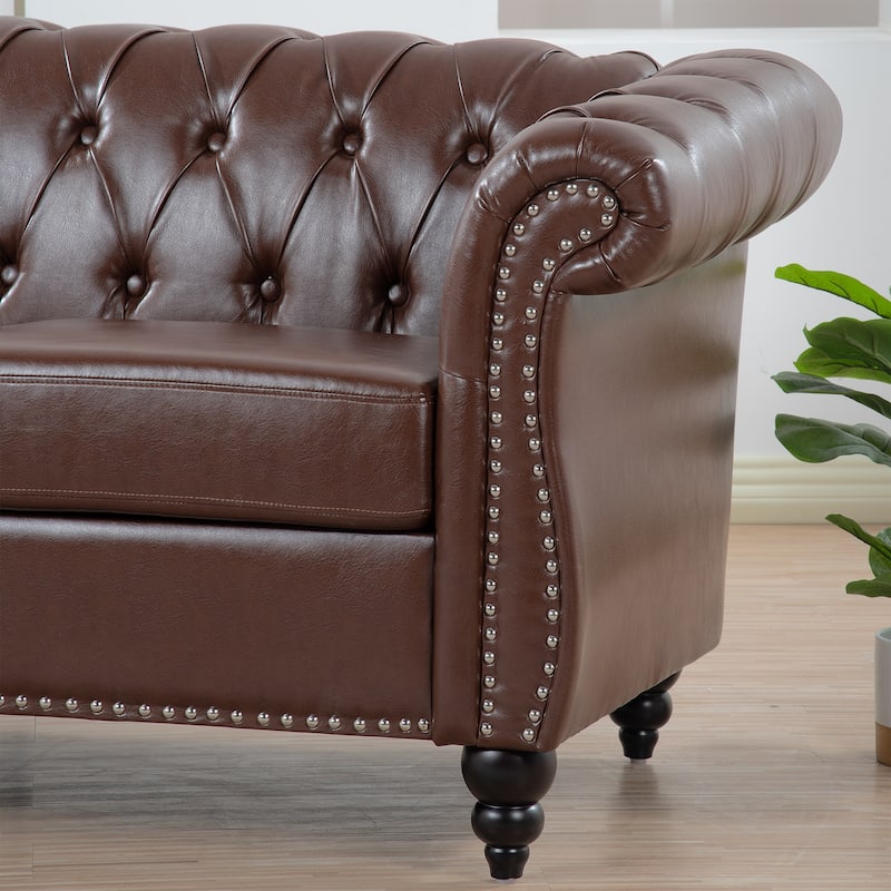 84.65" PU Leather Chesterfield Sofa with Rolled Arms (3-Seater)