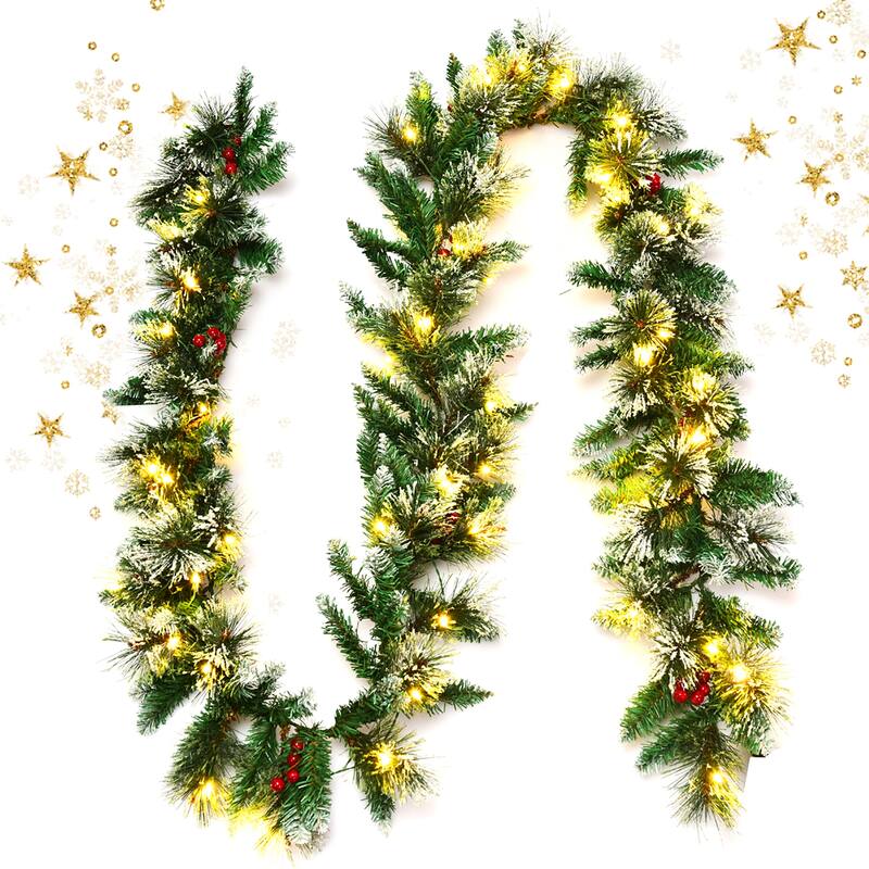 9FT Pre-Lit Artificial Christmas Garland with 50 LED Lights and Timer - Green