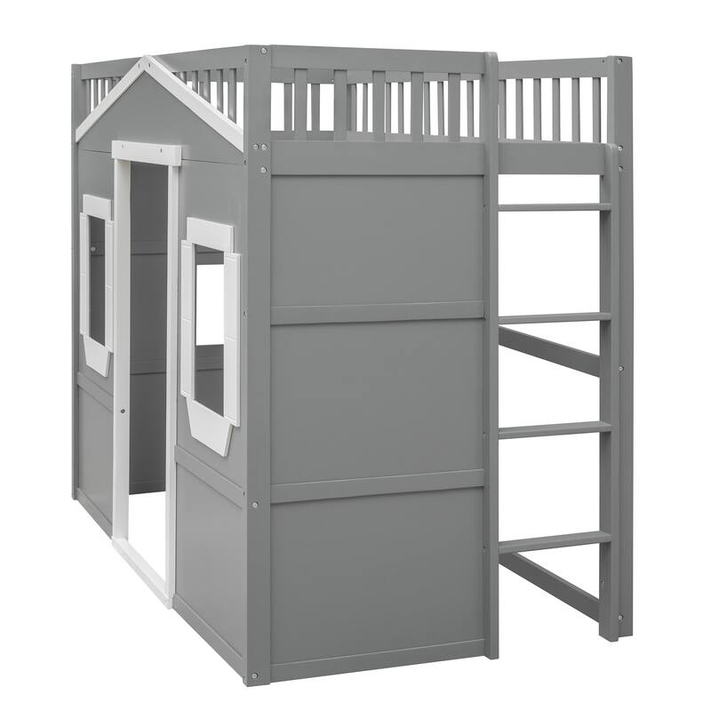 Modern Twin/Full Loft Bed with Ladder, Solid Pine Wood, Safety Guardrails