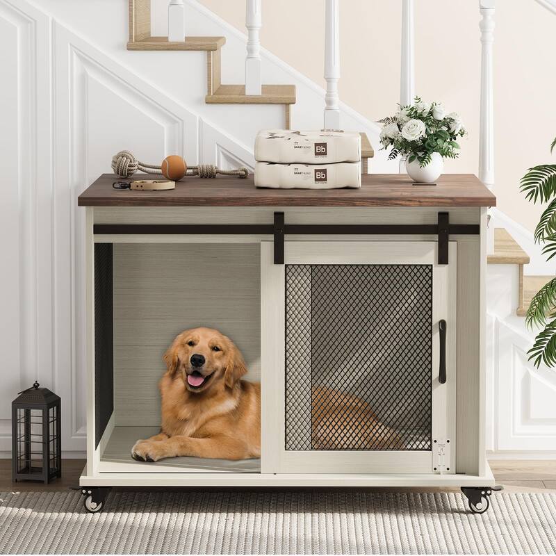 Furniture Dog Crate Table with Flip Top, Sliding Door, Divider