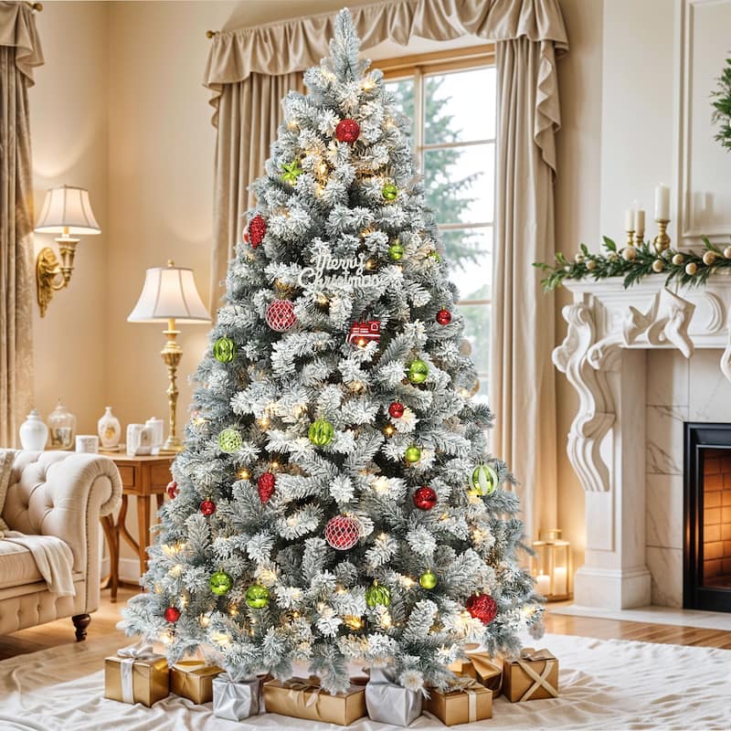 6 /7.5 /9 ft Prelit Snow Flocked Christmas Tree with Remote, 11 Light Modes & Foldable Base