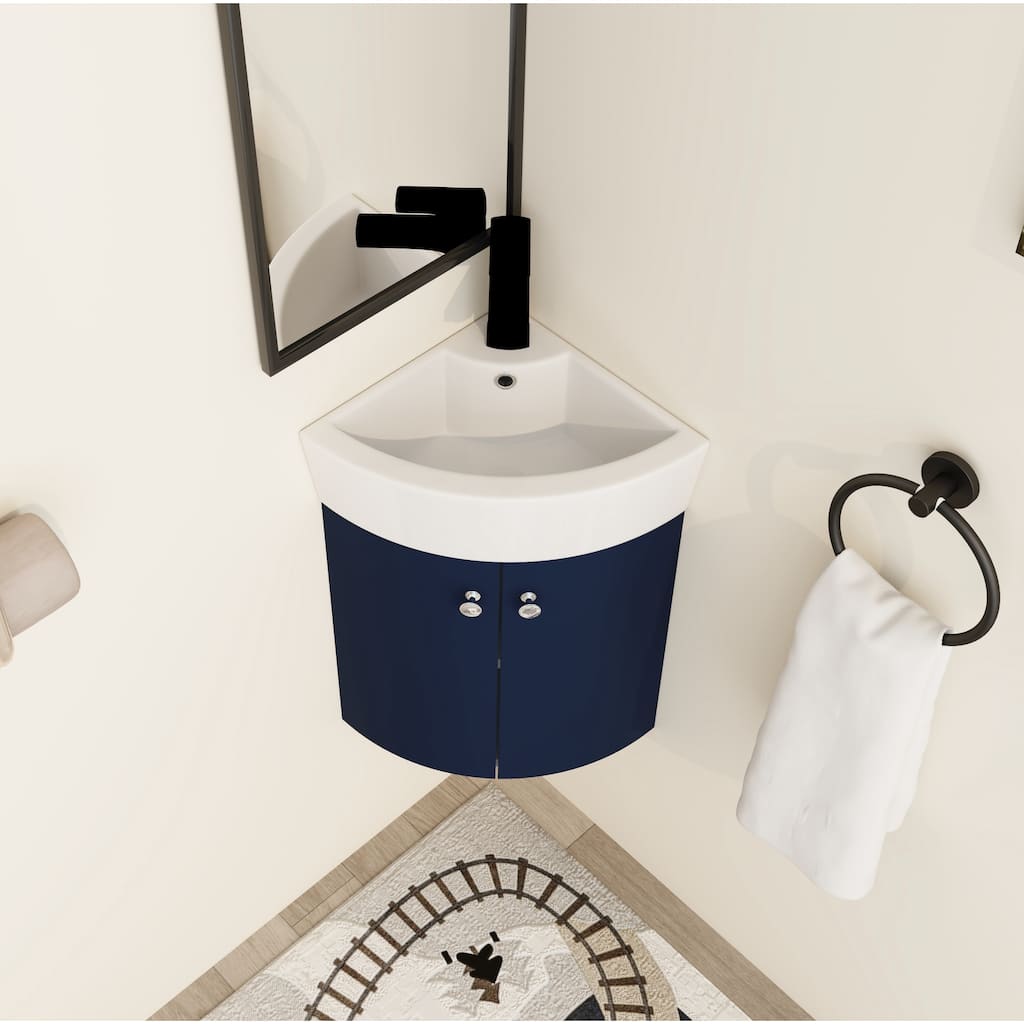 Malwee 13" Corner Floating Bathroom Vanity, Mini Wall Mounted Bathroom Vanity with Ceramic Sink,Soft Close Door and Shelf