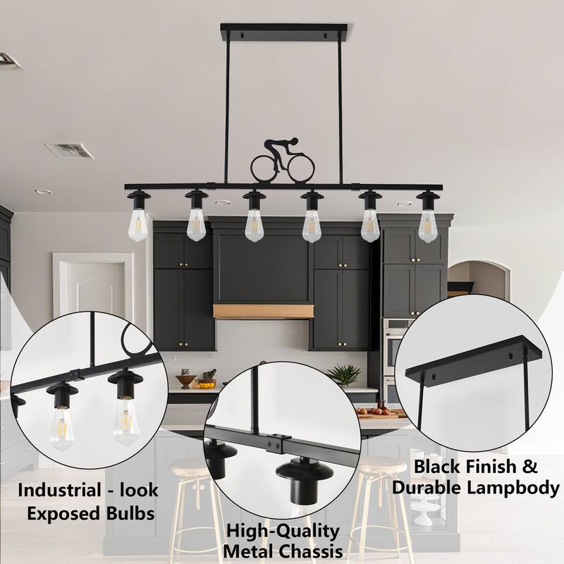 6 - Light Dimmable Kitchen Island Modern Linear Chandelier - Matte Black