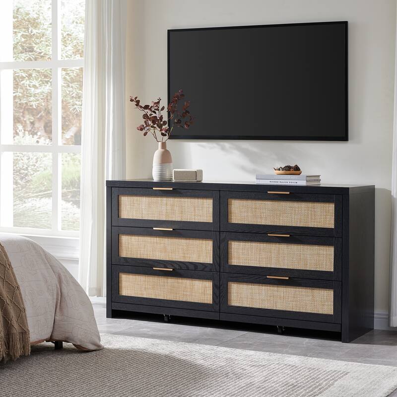 Elegant Right Angled Dresser with 6 Rattan Woven Drawers