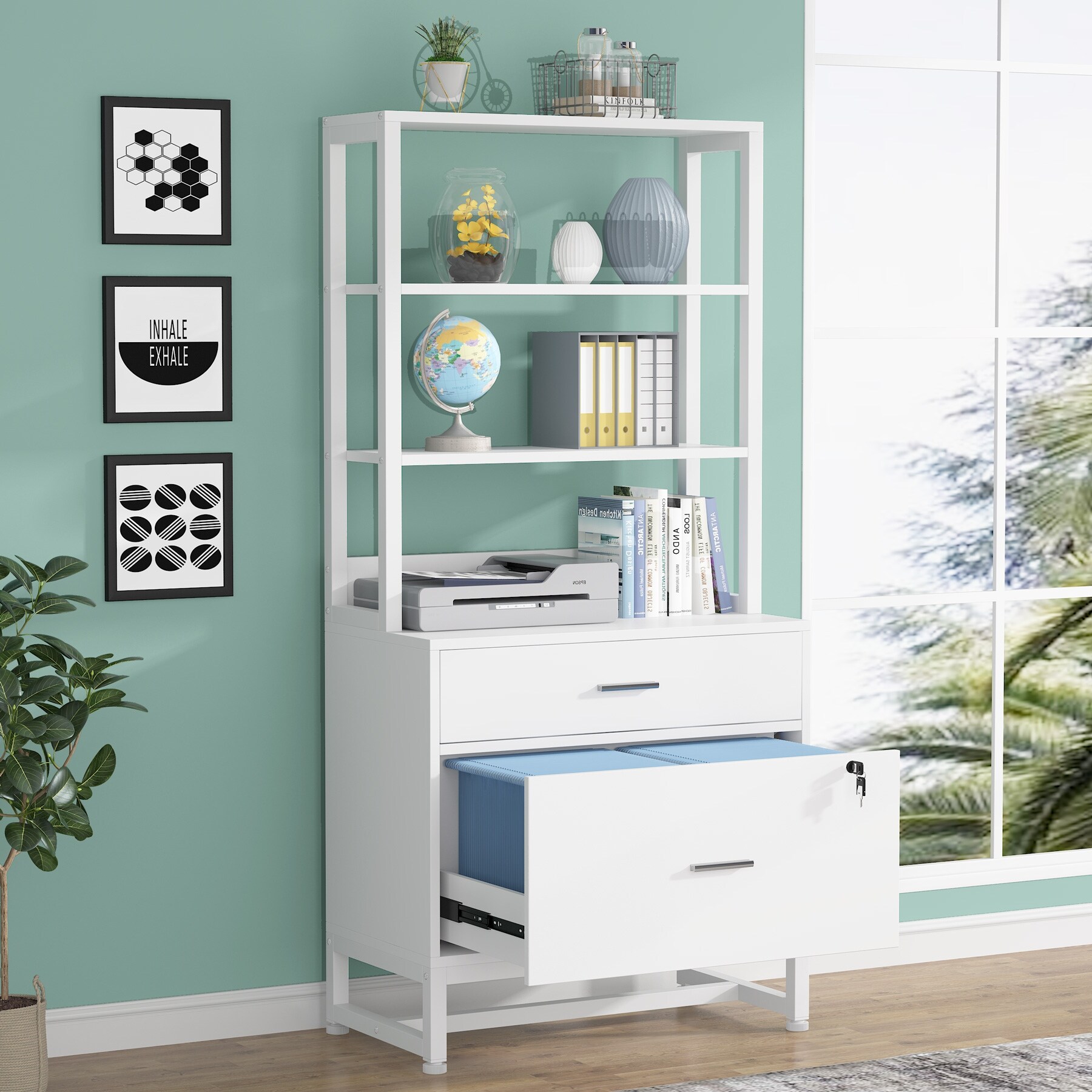 White lateral file cabinet with sales lock