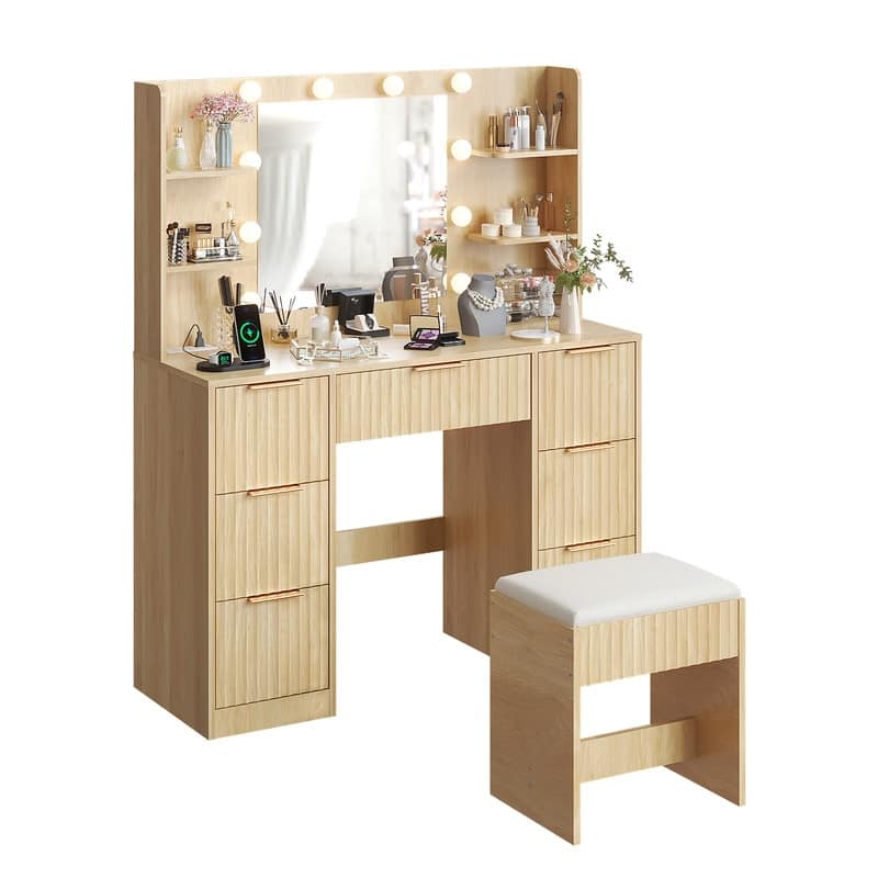 Particle Board Laminated with Textured Melamine, 7-Drawer 4-Tier Shelf, with 10 Three-Color Dimmable Bulbs, Dressing Table Set
