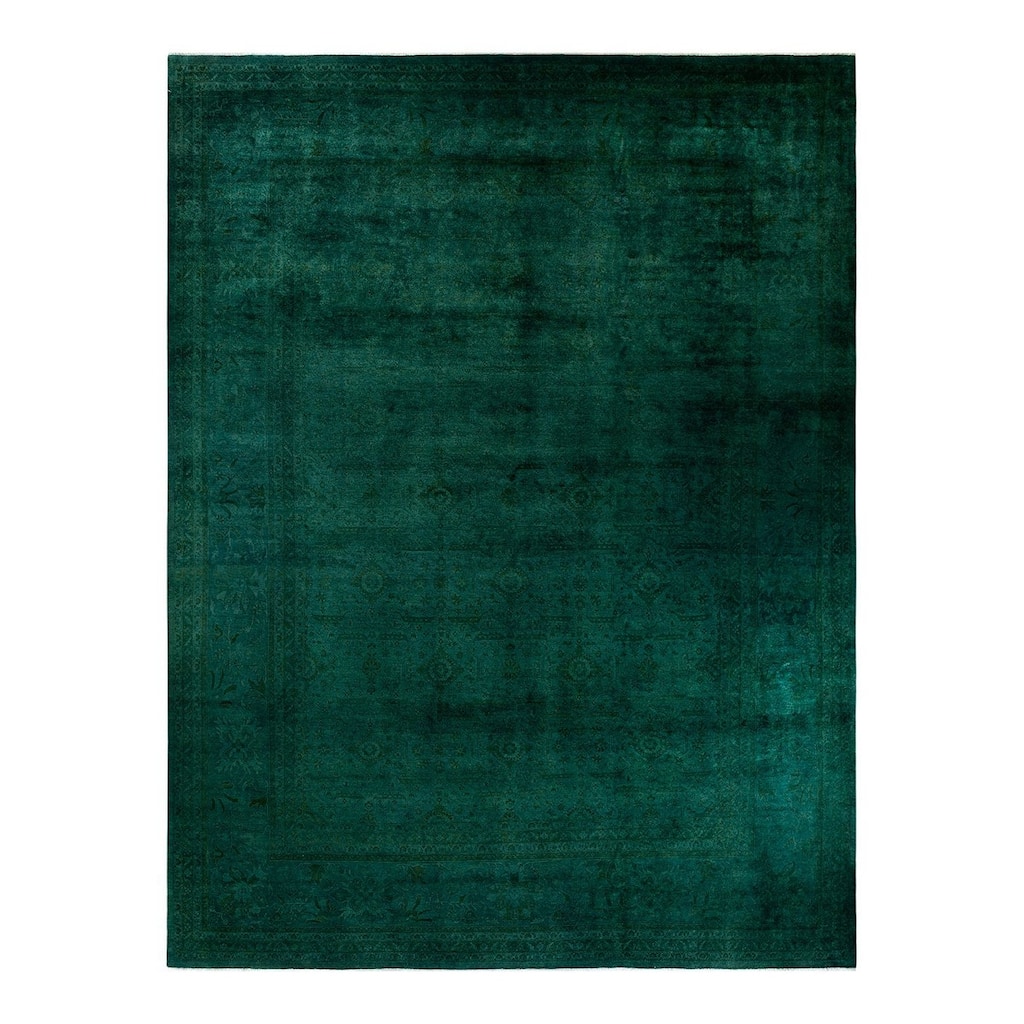 Overton Hand Knotted Wool Vintage Inspired Modern Contemporary Overdyed Green Area Rug - 11' 10" x 15' 9"