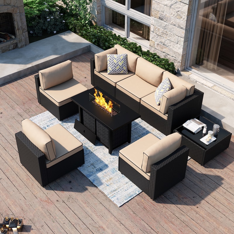 8-Piece Outdoor Patio Wicker Conversation Set with Fire Pit Table, Sectional Sofa & Cushions - N/A