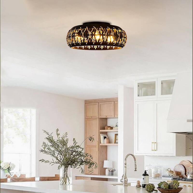 3 Light led light black ceiling light metal, rattan boho light fixtures - N/A