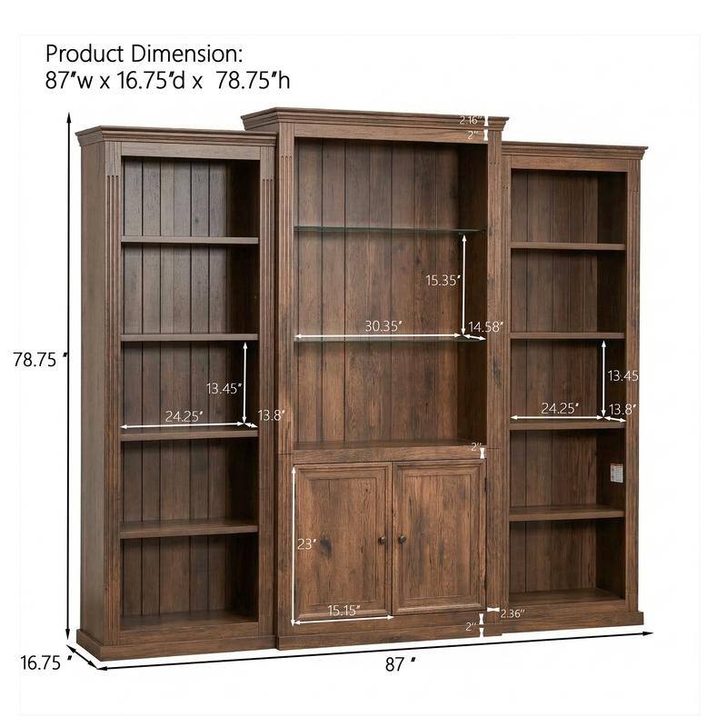 Farmhouse 3-Piece 78.75"Tall Bookcase Cabinet with and 4-Tier Display Shelf Adjustable LED Lighting