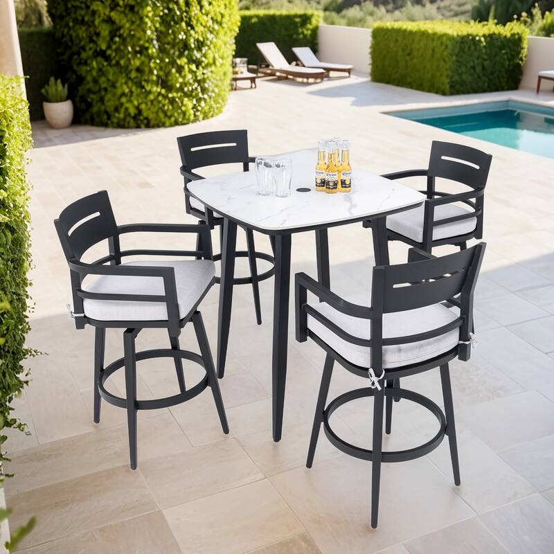 5-Piece Patio Bar Set - Sintered Stone Table and 4 Swivel Bar Chairs, Marble-Inspired Top, Ember Black