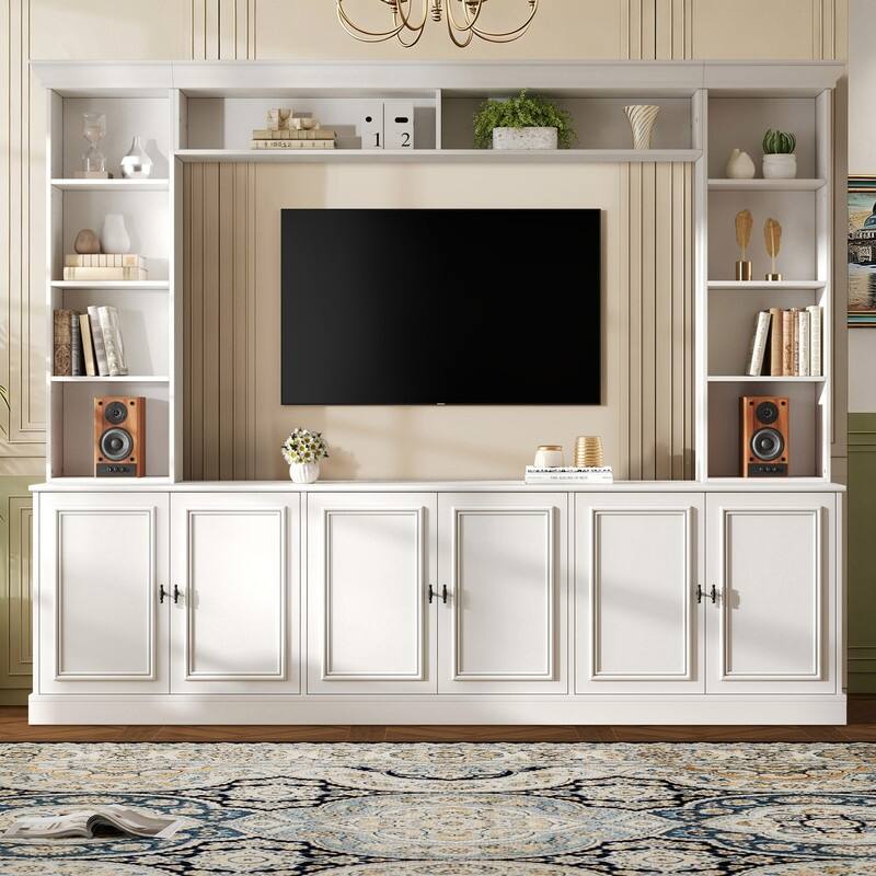 4-Piece Wall Unit Entertainment Center with Bookshelf for TVs Up to 70", Mid-Century Modern 97.4" TV Stand with Adjustable Shelf - White